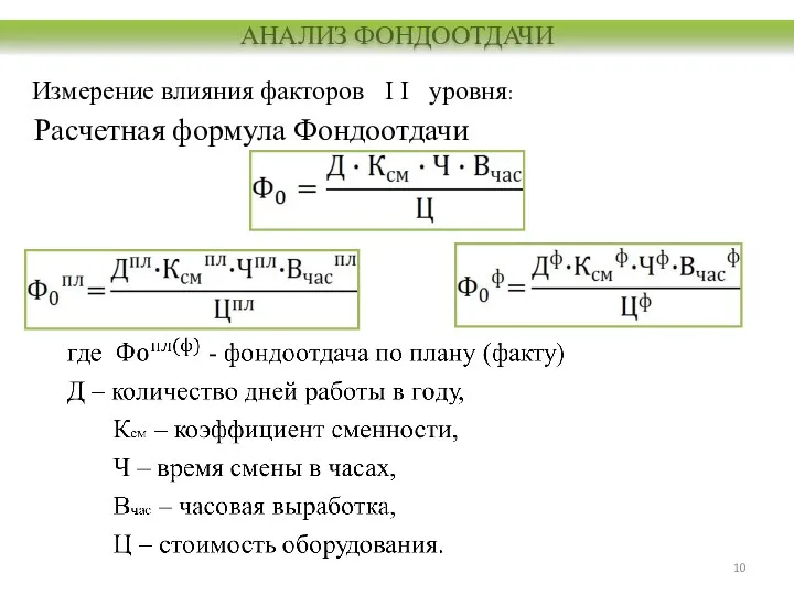 Расчетная формула Фондоотдачи Измерение влияния факторов I I уровня: АНАЛИЗ ФОНДООТДАЧИ