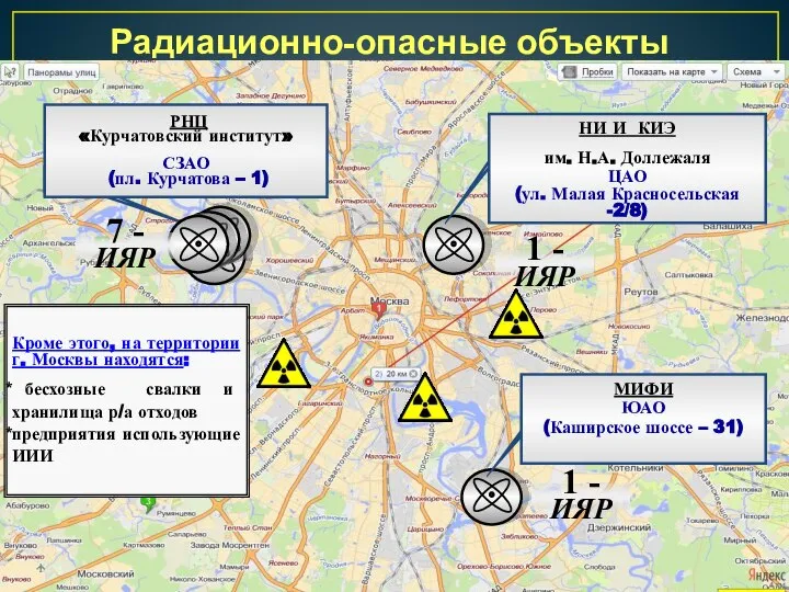 Радиационно-опасные объекты Москвы Кроме этого, на территории г. Москвы находятся: бесхозные свалки