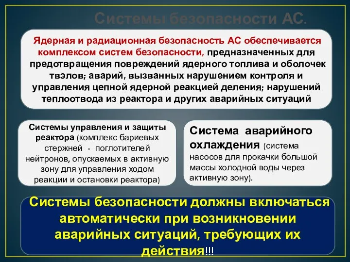 Системы безопасности АС. Ядерная и радиационная безопасность АС обеспечивается комплексом систем безопасности,