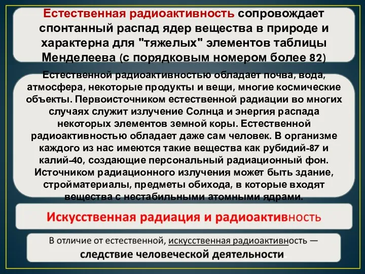 Естественная радиоактивность сопровождает спонтанный распад ядер вещества в природе и характерна для