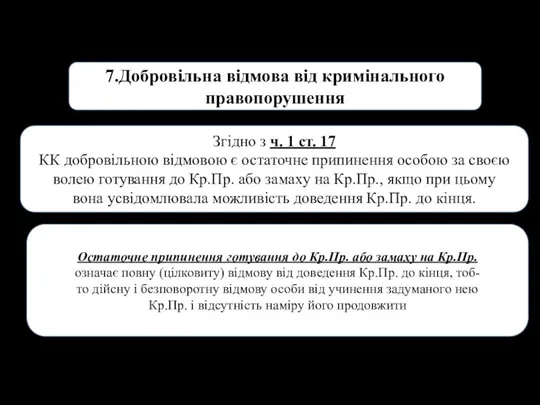 7.Добровільна відмова від кримінального правопорушення Згідно з ч. 1 ст. 17 КК