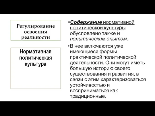 Регулирование освоения реальности Содержание нормативной политической культуры обусловлено также и политическим опытом.