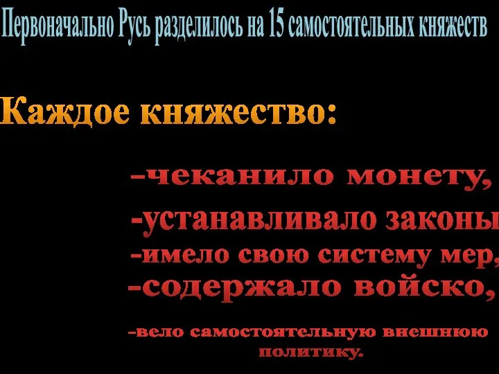 -вело самостоятельную внешнюю политику. Первоначально Русь разделилось на 15 самостоятельных княжеств Каждое