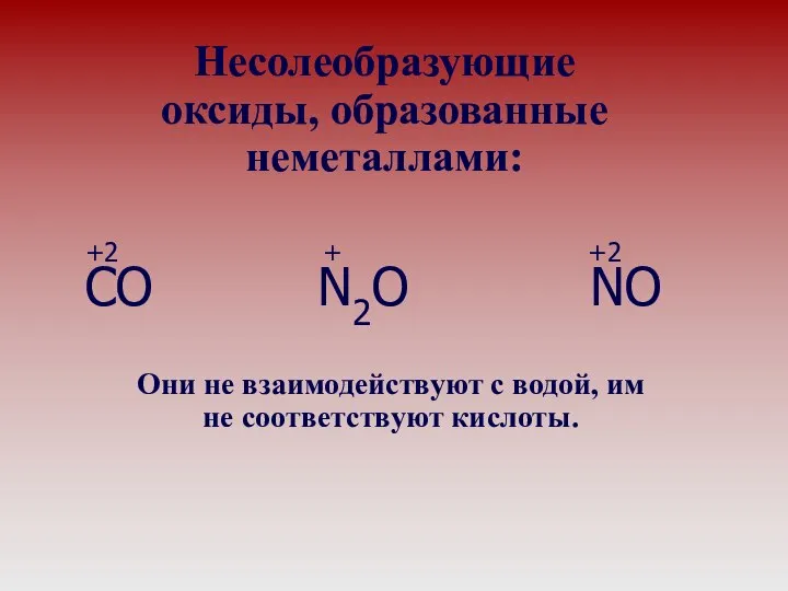 Несолеобразующие оксиды, образованные неметаллами: Они не взаимодействуют с водой, им не соответствуют