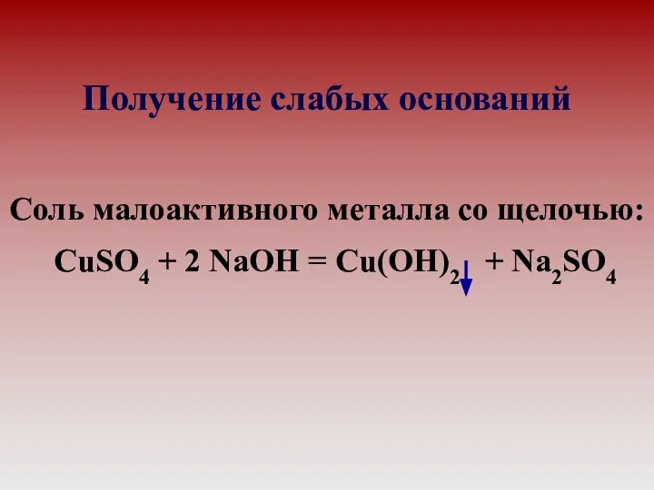 Получение слабых оснований Соль малоактивного металла со щелочью: CuSO4 + 2 NaOH = Cu(OH)2 + Na2SO4