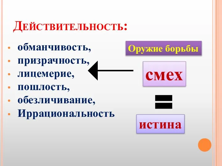 Действительность: обманчивость, призрачность, лицемерие, пошлость, обезличивание, Иррациональность смех истина Оружие борьбы