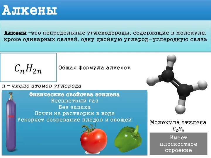 Алкены Алкены –это непредельные углеводороды, содержащие в молекуле, кроме одинарных связей, одну