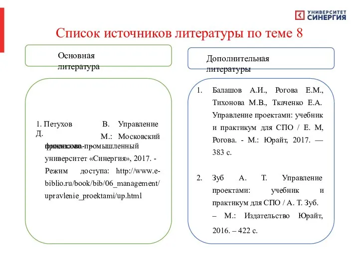 Список источников литературы по теме 8 1. Петухов Д. проектами. – В.