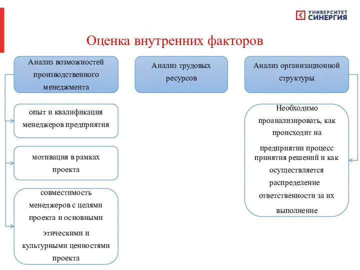 Оценка внутренних факторов Анализ возможностей производственного менеджмента Анализ трудовых ресурсов опыт и