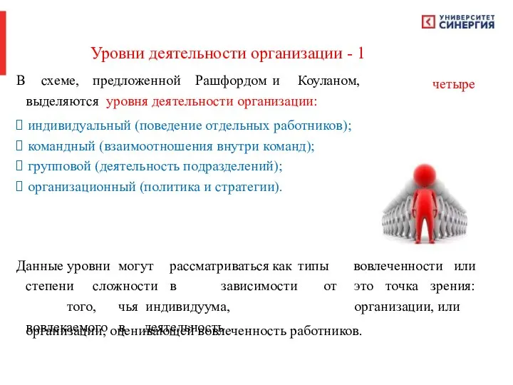 Уровни деятельности организации - 1 В схеме, предложенной Рашфордом и Коуланом, выделяются