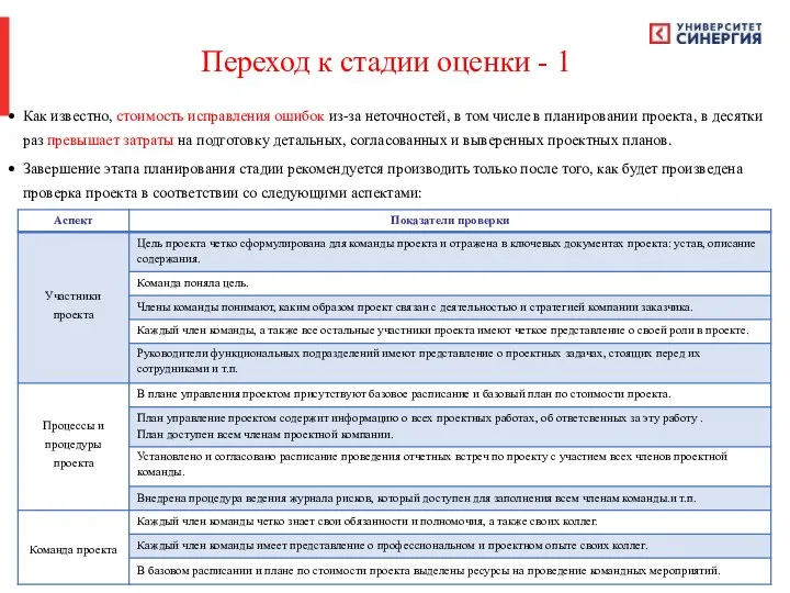 Переход к стадии оценки - 1 Как известно, стоимость исправления ошибок из-за