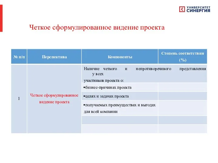 Четкое сформулированное видение проекта