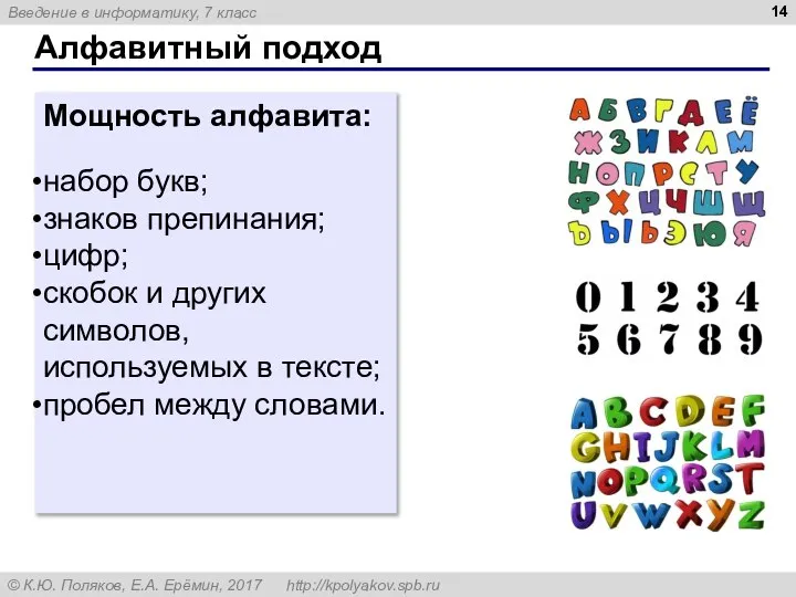 Алфавитный подход Мощность алфавита: набор букв; знаков препинания; цифр; скобок и других