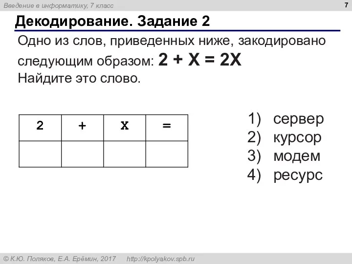 Декодирование. Задание 2 Одно из слов, приведенных ниже, закодировано следующим образом: 2