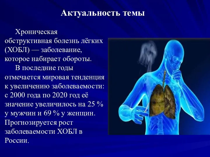 Актуальность темы Хроническая обструктивная болезнь лёгких (ХОБЛ) — заболевание, которое набирает обороты.