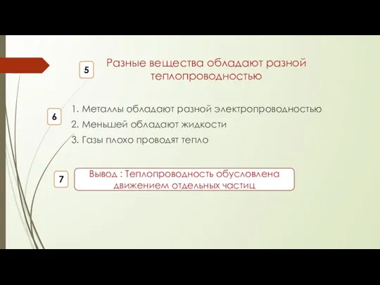 Разные вещества обладают разной теплопроводностью 1. Металлы обладают разной электропроводностью 2. Меньшей