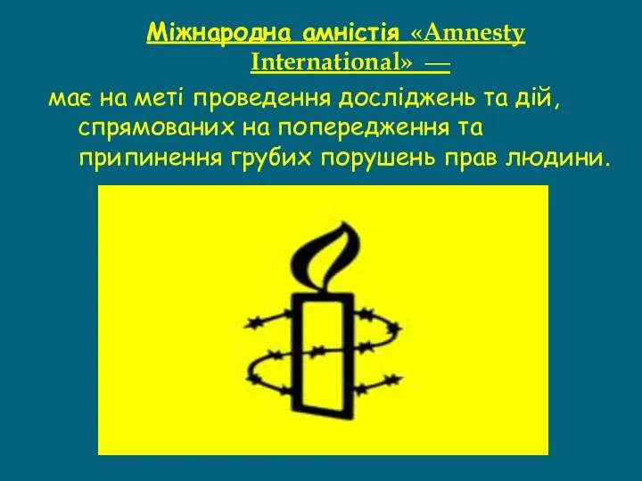 Міжнародна амністія «Amnesty International» — має на меті проведення досліджень та дій,