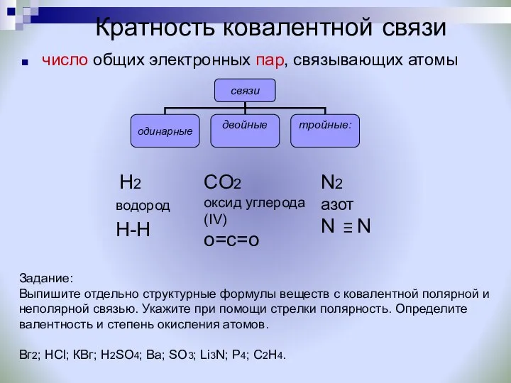 Кратность ковалентной связи число общих электронных пар, связывающих атомы CO2 оксид углерода