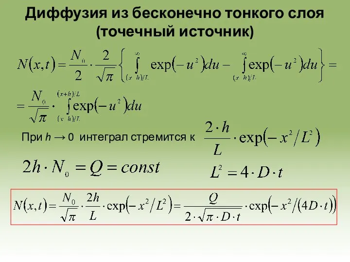 Диффузия из бесконечно тонкого слоя (точечный источник) При h → 0 интеграл стремится к