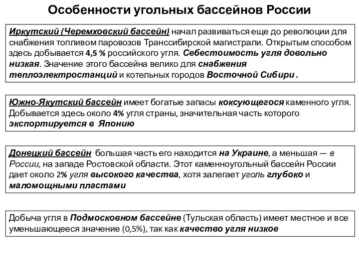 Особенности угольных бассейнов России Иркутский (Черемховский бассейн) начал развиваться еще до революции