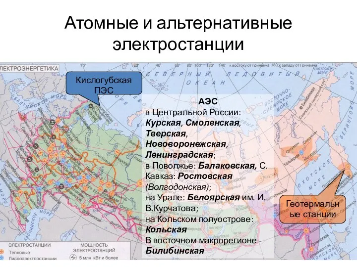 Атомные и альтернативные электростанции АЭС в Центральной России: Курская, Смоленская, Тверская, Нововоронежская,