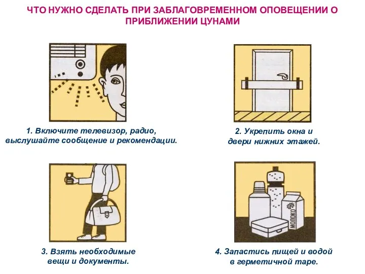 ЧТО НУЖНО СДЕЛАТЬ ПРИ ЗАБЛАГОВРЕМЕННОМ ОПОВЕЩЕНИИ О ПРИБЛИЖЕНИИ ЦУНАМИ 1. Включите телевизор,