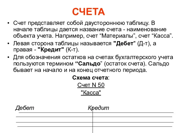 СЧЕТА Счет представляет собой двустороннюю таблицу. В начале таблицы дается название счета