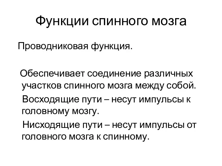 Функции спинного мозга Проводниковая функция. Обеспечивает соединение различных участков спинного мозга между