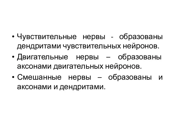 Чувствительные нервы - образованы дендритами чувствительных нейронов. Двигательные нервы – образованы аксонами