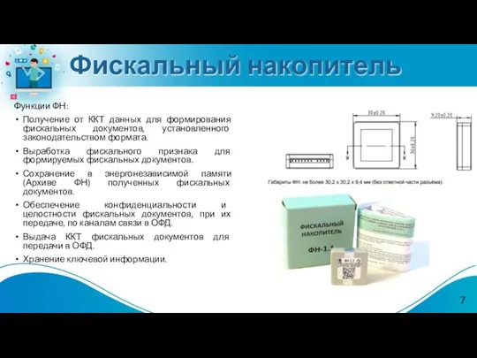 Фискальный накопитель Функции ФН: Получение от ККТ данных для формирования фискальных документов,