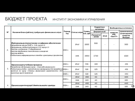 БЮДЖЕТ ПРОЕКТА ИНСТИТУТ ЭКОНОМИКИ И УПРАВЛЕНИЯ