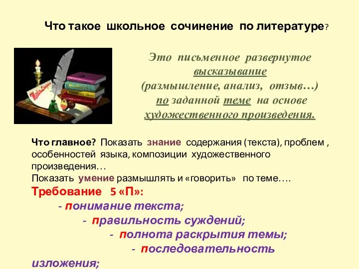 Что такое школьное сочинение по литературе? Это письменное развернутое высказывание (размышление, анализ,