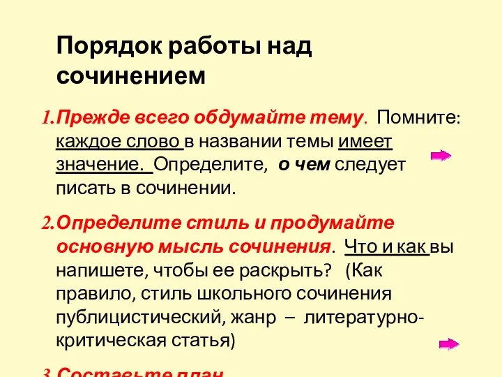 Порядок работы над сочинением Прежде всего обдумайте тему. Помните: каждое слово в