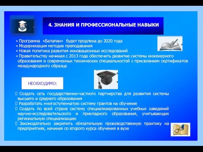 4. ЗНАНИЯ И ПРОФЕССИОНАЛЬНЫЕ НАВЫКИ Программа «Балапан» будет продлена до 2020 года