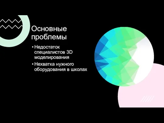 Основные проблемы Недостаток специалистов 3D моделирования Нехватка нужного оборудования в школах