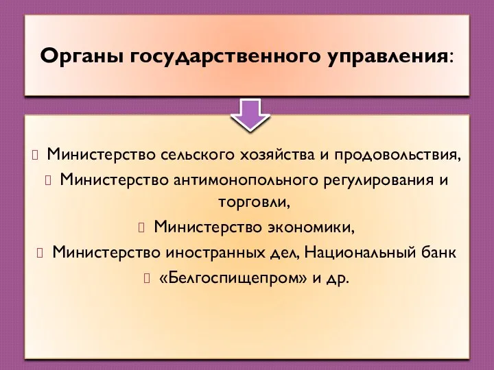 Органы государственного управления: Министерство сельского хозяйства и продовольствия, Министерство антимонопольного регулирования и