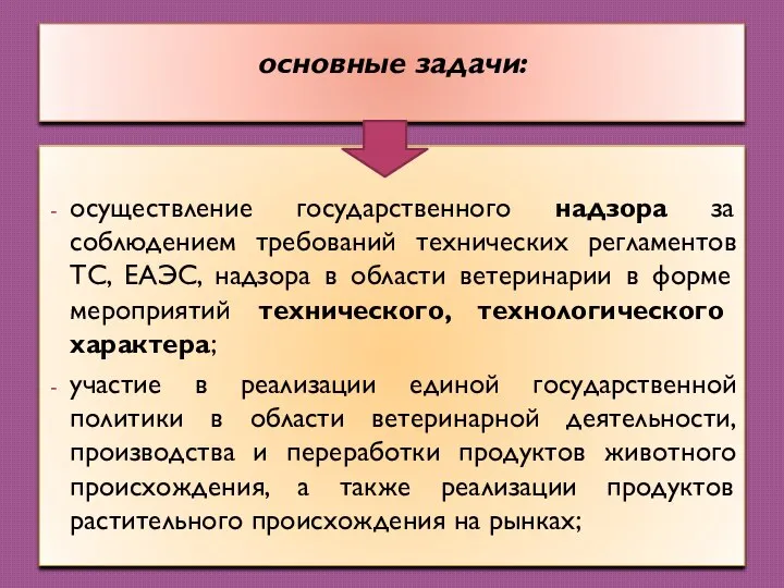 основные задачи: осуществление государственного надзора за соблюдением требований технических регламентов ТС, ЕАЭС,