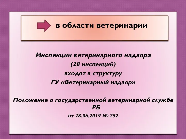 Инспекции ветеринарного надзора (28 инспекций) входят в структуру ГУ «Ветеринарный надзор» Положение