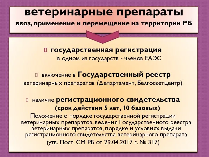 ветеринарные препараты ввоз, применение и перемещение на территории РБ государственная регистрация в