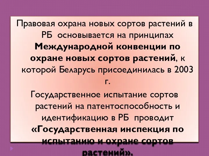 Правовая охрана новых сортов растений в РБ основывается на принципах Международной конвенции