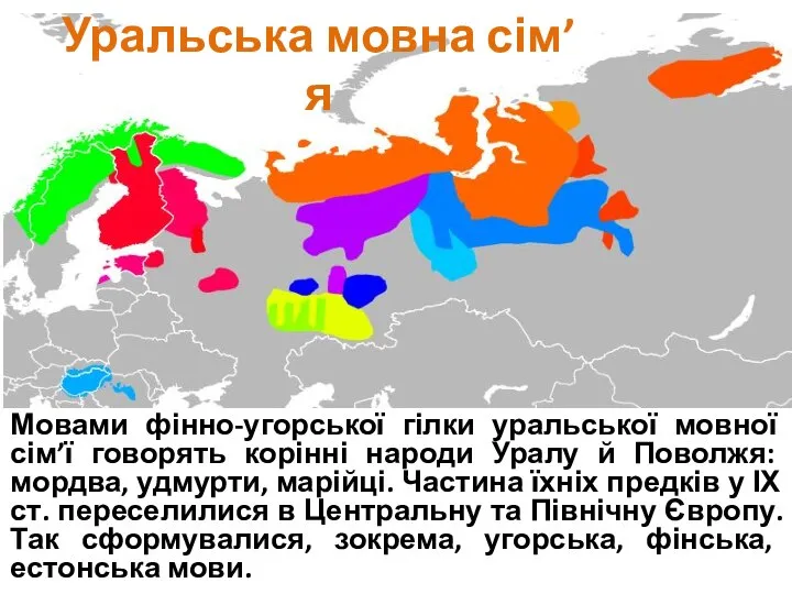 Уральська мовна сім’я Мовами фінно-угорської гілки уральської мовної сім’ї говорять корінні народи