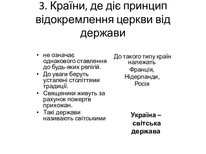 3. Країни, де діє принцип відокремлення церкви від держави не означає однакового