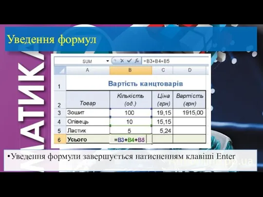 Уведення формул Уведення формули завершується натисненням клавіші Enter