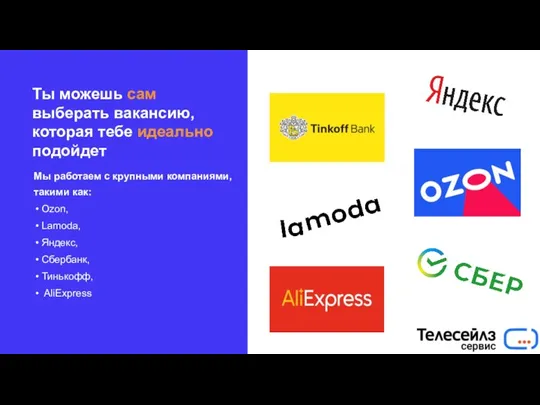 Мы работаем с крупными компаниями, такими как: Ozon, Lamoda, Яндекс, Сбербанк, Тинькофф,