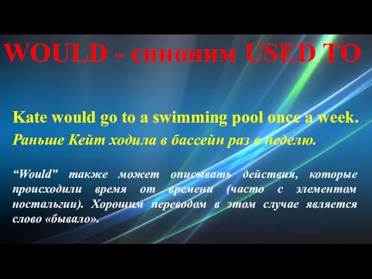 WOULD - синоним USED TO Kate would go to a swimming pool