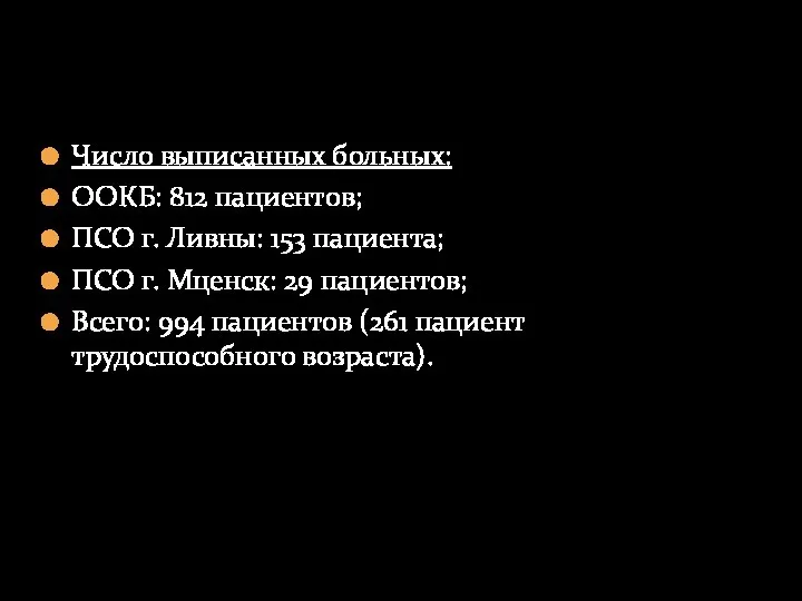 Число выписанных больных: ООКБ: 812 пациентов; ПСО г. Ливны: 153 пациента; ПСО