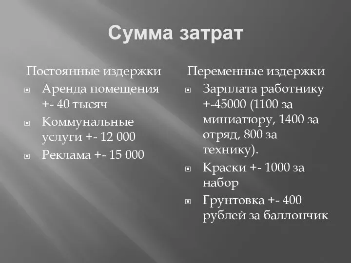 Сумма затрат Постоянные издержки Аренда помещения +- 40 тысяч Коммунальные услуги +-