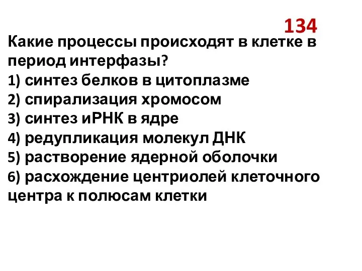 134 Какие процессы происходят в клетке в период интерфазы? 1) синтез белков