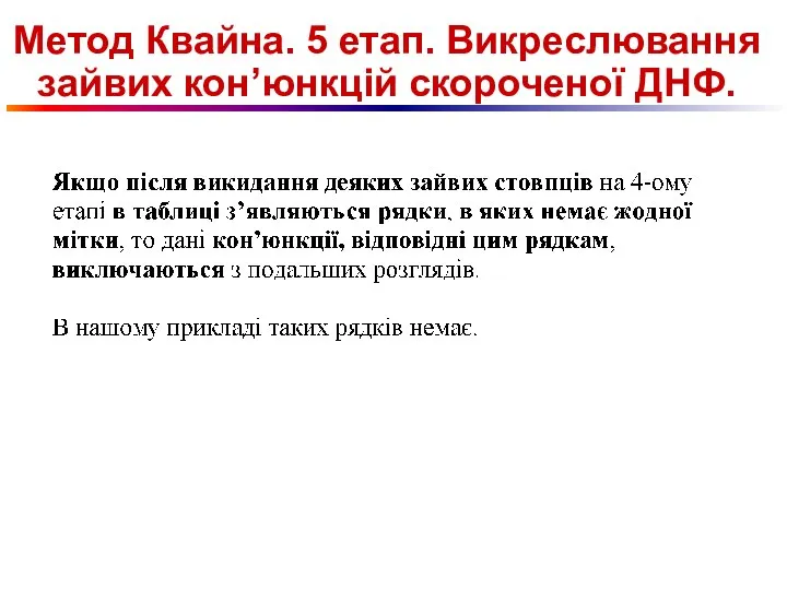 Метод Квайна. 5 етап. Викреслювання зайвих кон’юнкцій скороченої ДНФ.