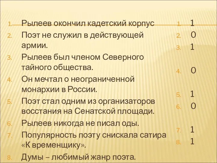 Рылеев окончил кадетский корпус Поэт не служил в действующей армии. Рылеев был